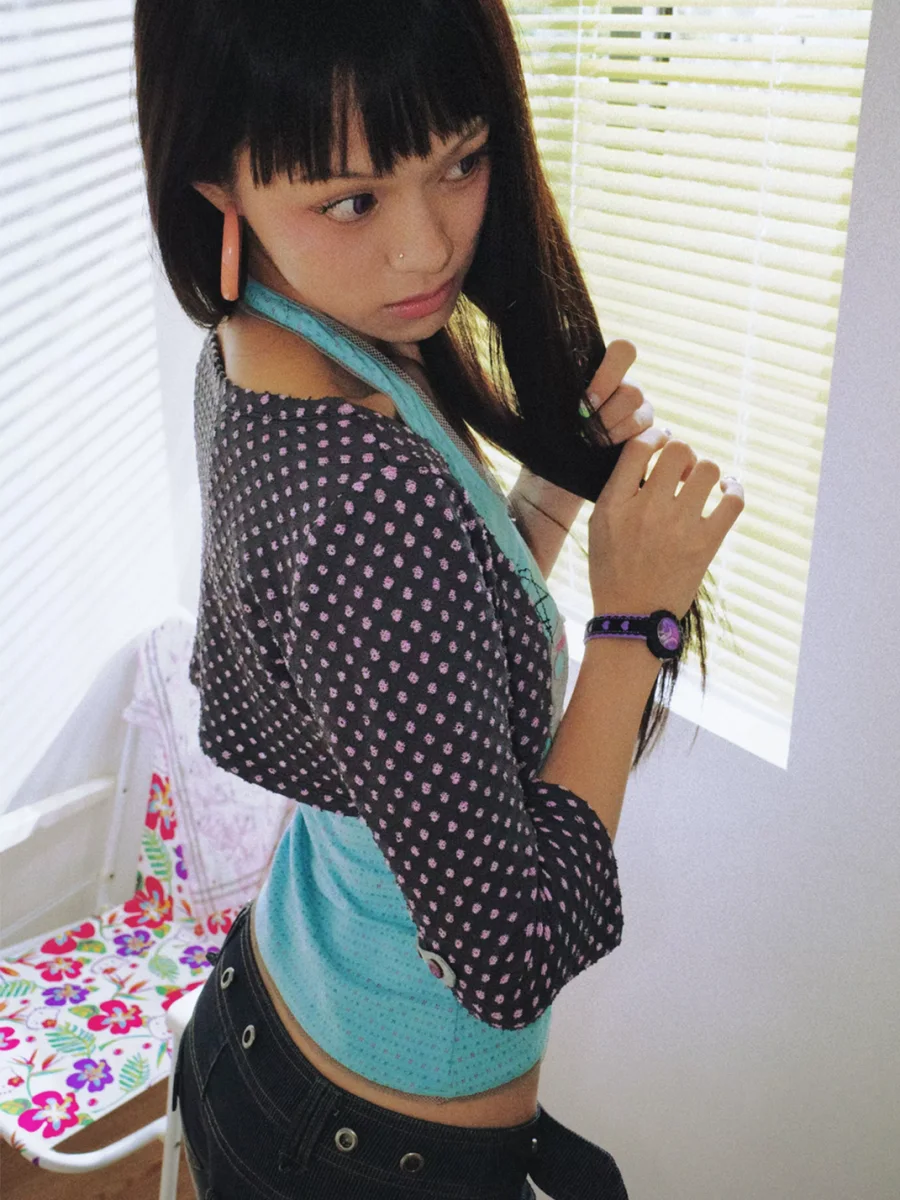 Eyeellike | Polka Dot Button Cropped Mid-Sleeve Jacket - 2