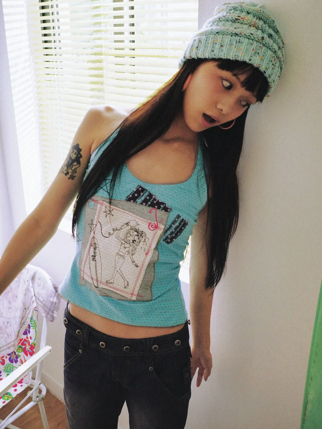 Eyeellike | Embroidered Lace-Trim Graphic Halter Tank Top