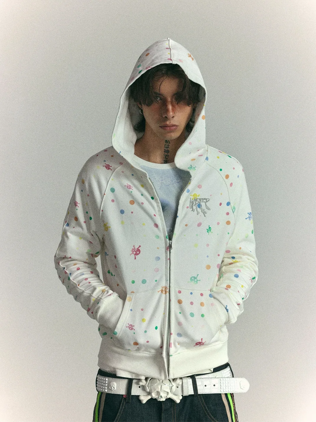 WASTED | Cropped Raglan Polka Dot Skull Zip Hoodie