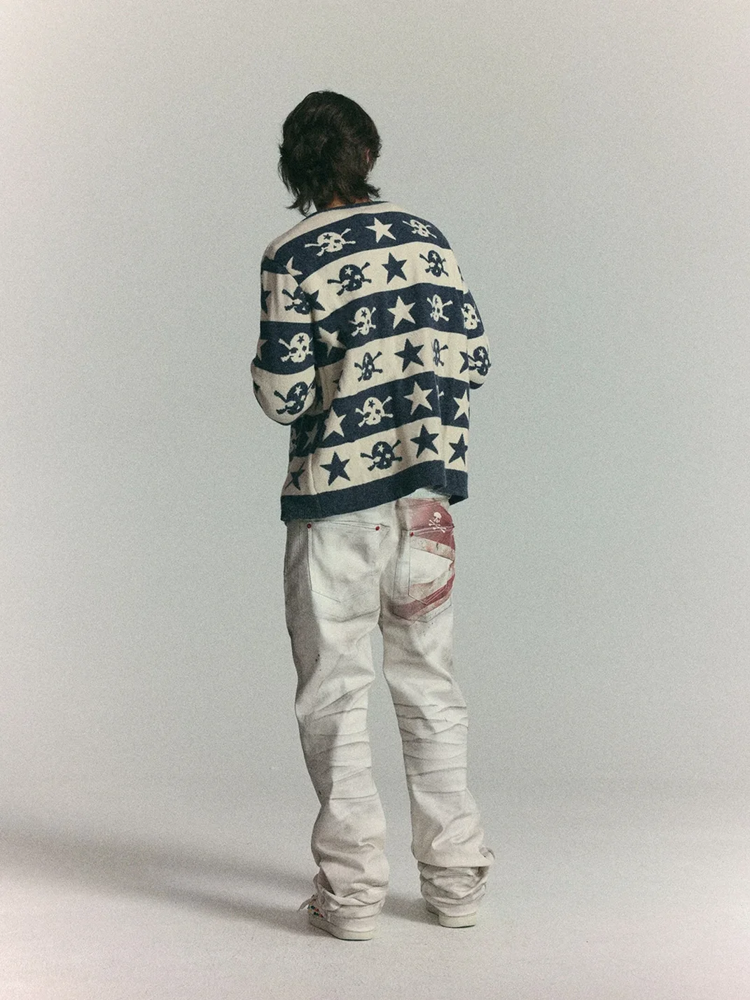 WASTED | Skull Star Striped Drop-Shoulder Cropped Cardigan