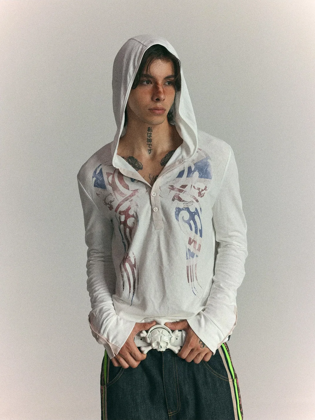 WASTED | Distressed Totem Print Slim Hooded Henley