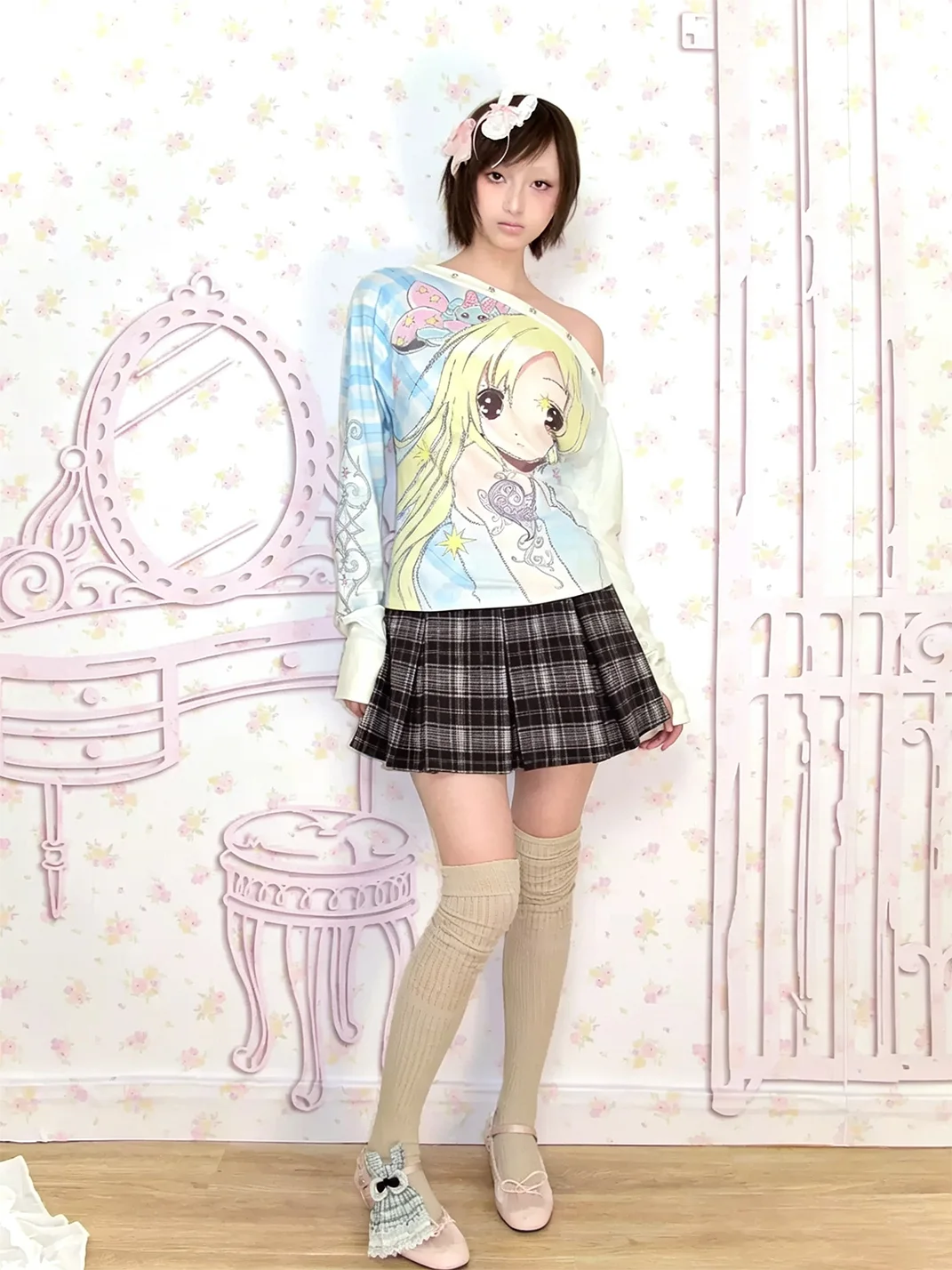 LIS CALLA | Anime Girl Plaid Off-Shoulder Knit Top