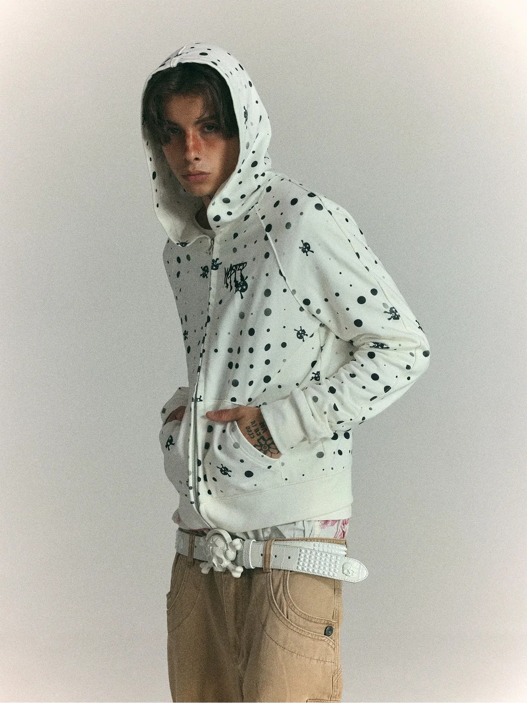 WASTED | Cropped Raglan Polka Dot Skull Zip Hoodie