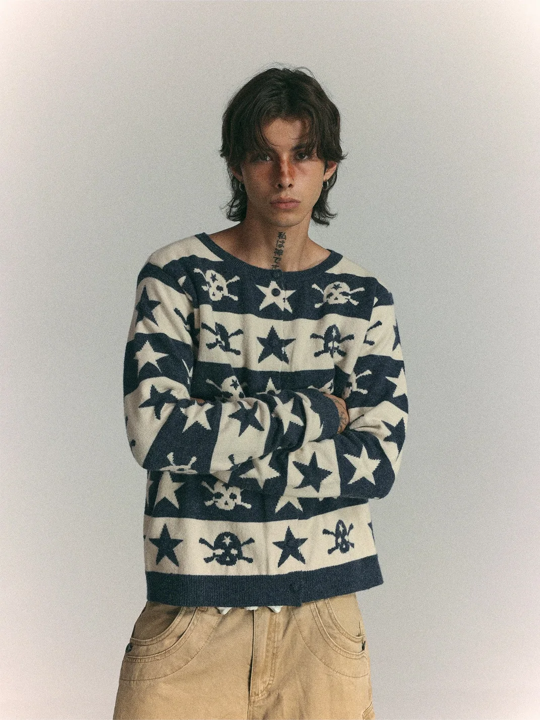 WASTED | Skull Star Striped Drop-Shoulder Cropped Cardigan