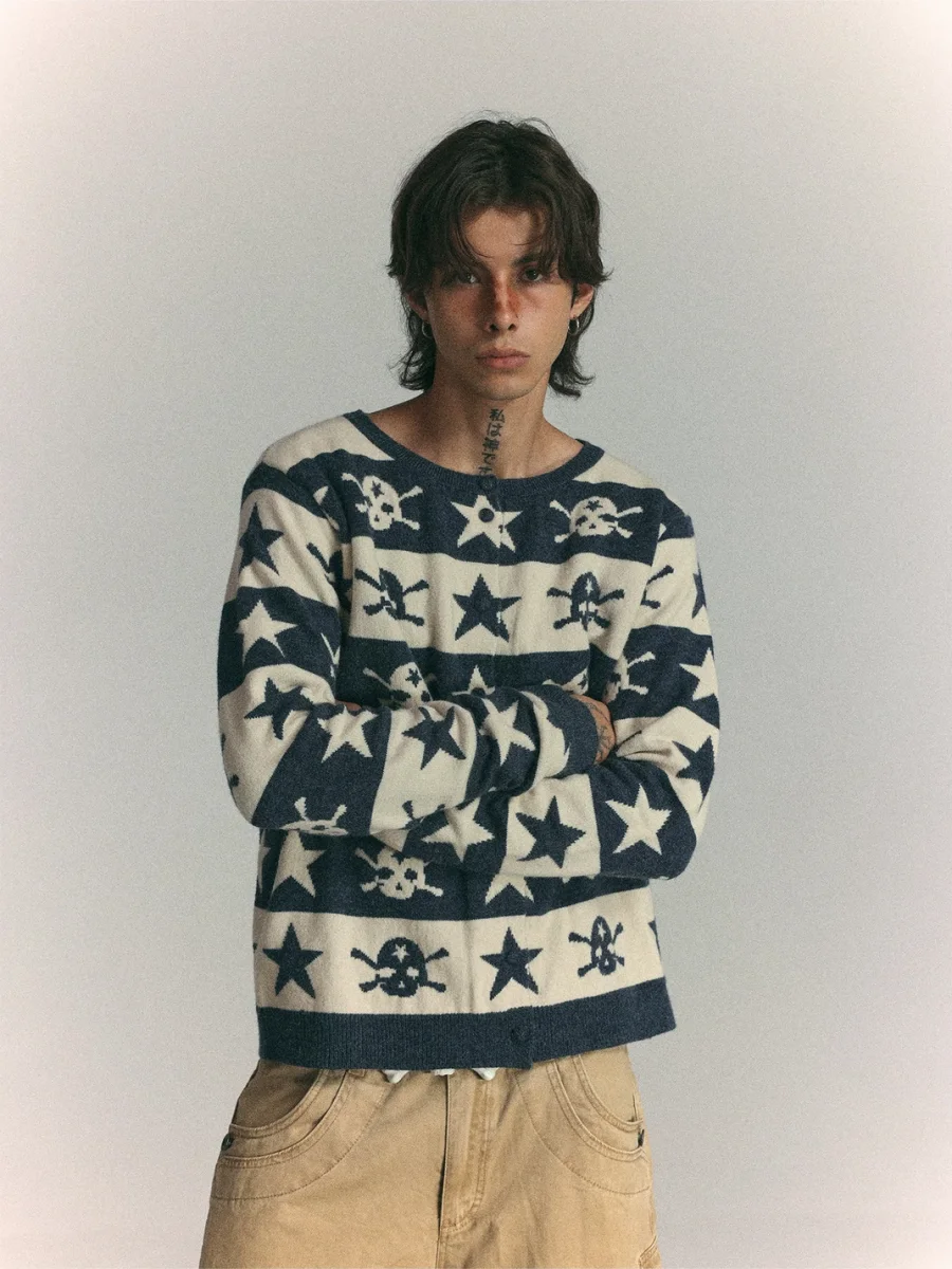 WASTED | Skull Star Striped Drop-Shoulder Cropped Cardigan - 3