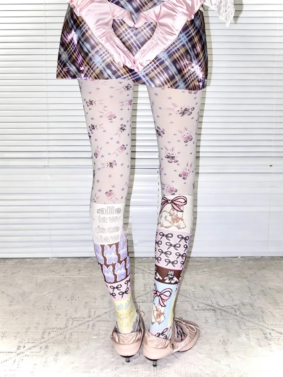 LIS CALLA | Hand-Drawn Rabbit Patchwork Tights - 3
