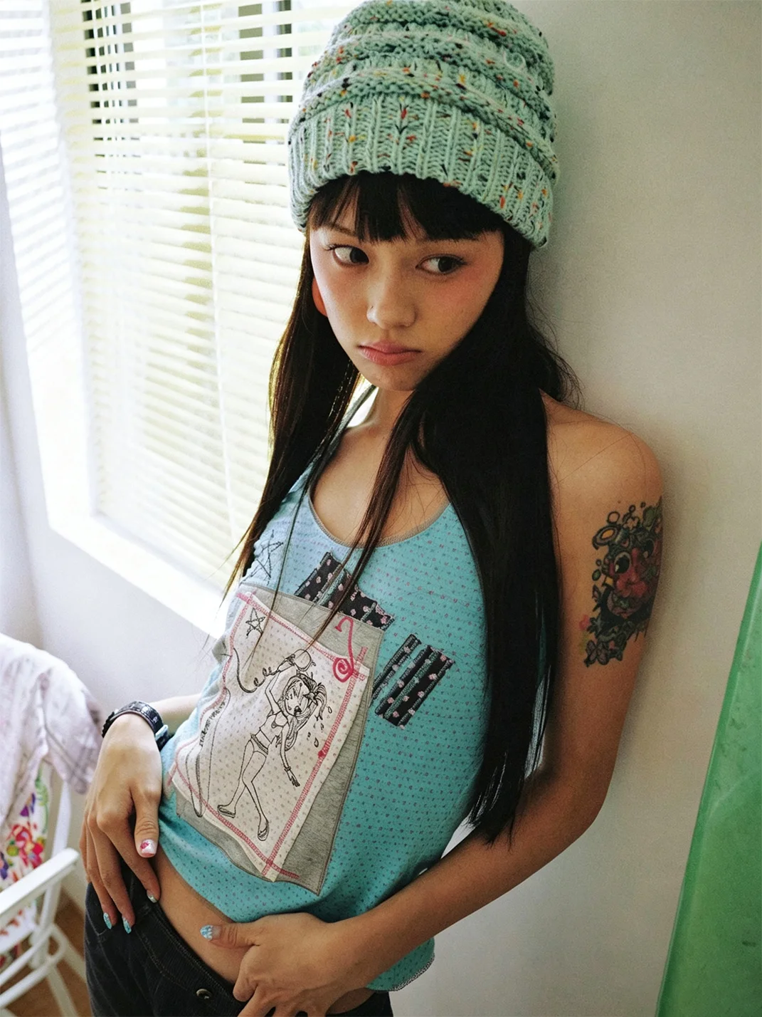 Eyeellike | Embroidered Lace-Trim Graphic Halter Tank Top