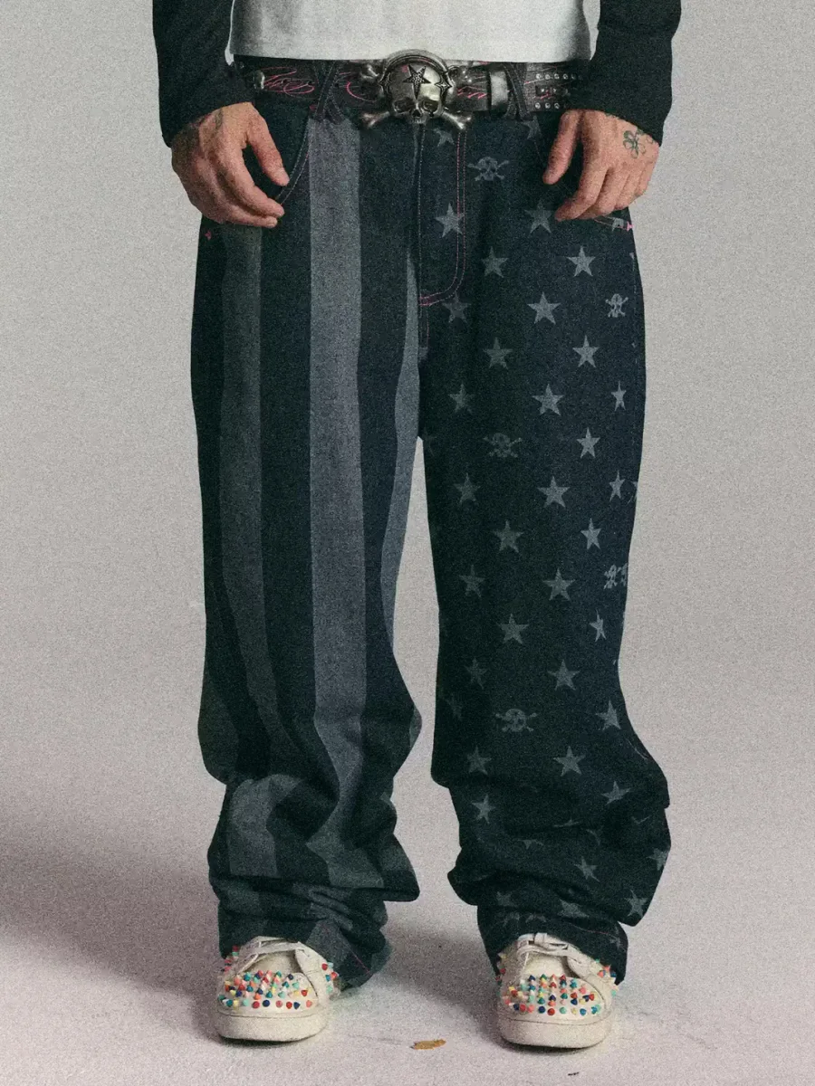WASTED | Retro Street Star Skull Patchwork Jeans - 2