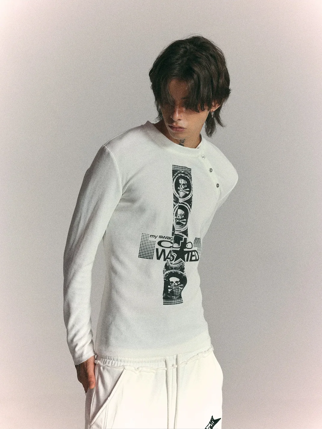 WASTED | Cross Skull Asymmetric Neck Slim Long Sleeve T-Shirt