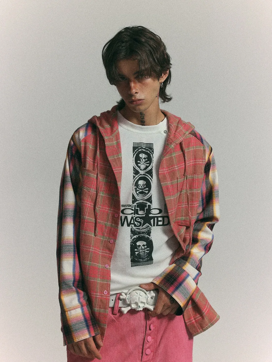 WASTED | Star Graphic Colorblock Plaid Hooded Shirt