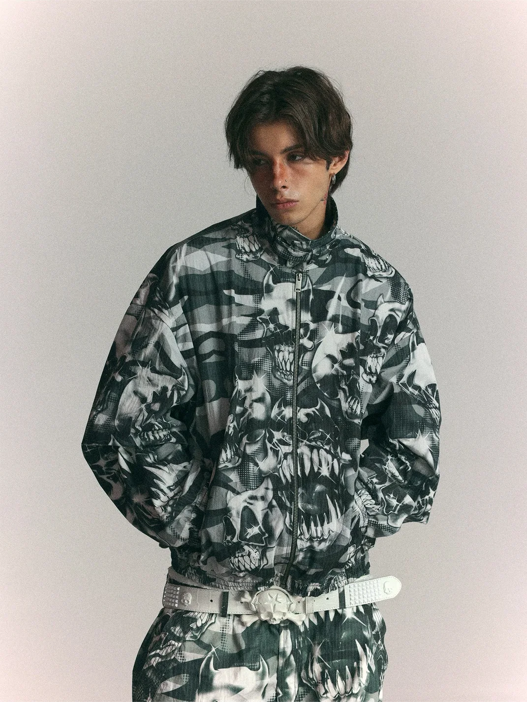 WASTED | Loose Cropped Skull Camouflage Racing Jacket