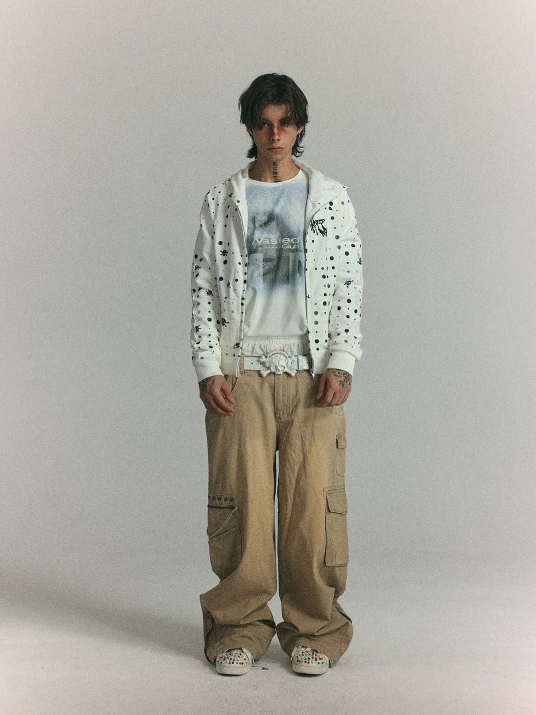 WASTED | Cropped Raglan Polka Dot Skull Zip Hoodie