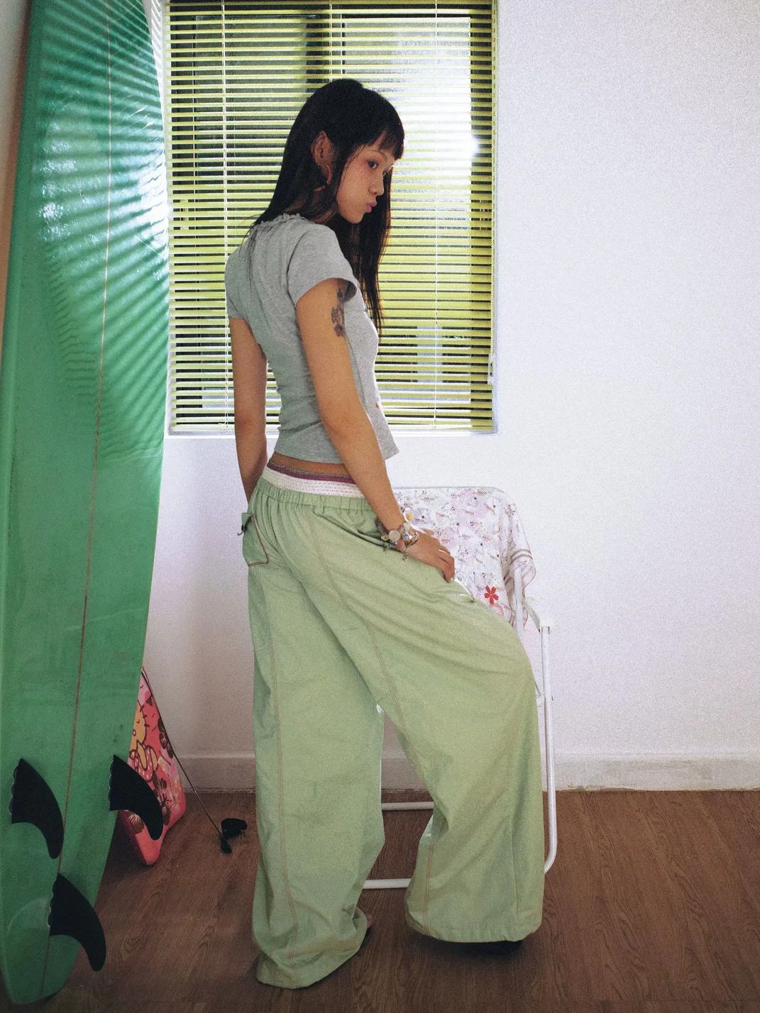Eyeellike | Double Waist Embroidered Drawstring Wide Leg Pants