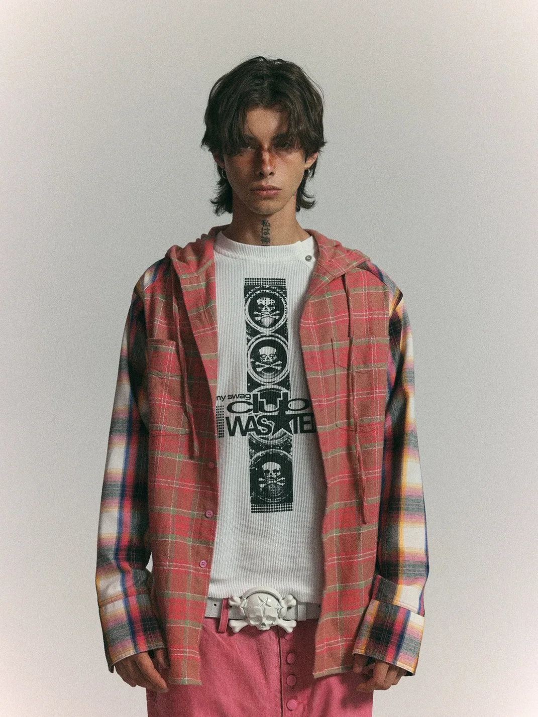 WASTED | Star Graphic Colorblock Plaid Hooded Shirt