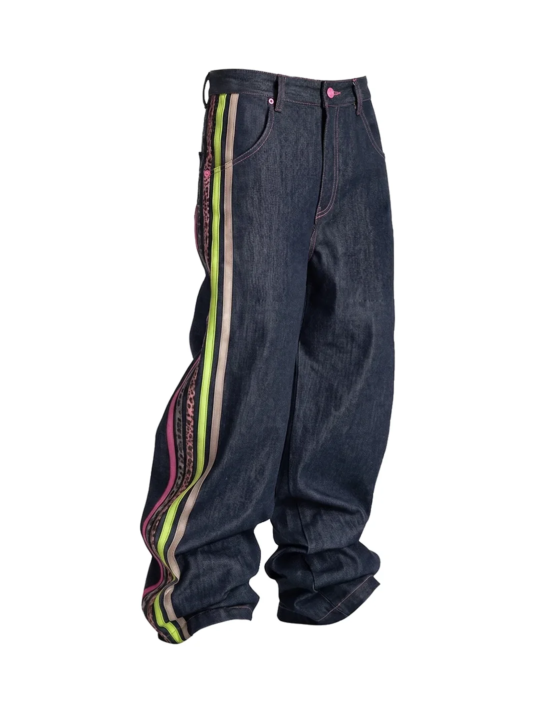 WASTED | Contrast Stripe Skull Embroidered Raw Denim Jeans