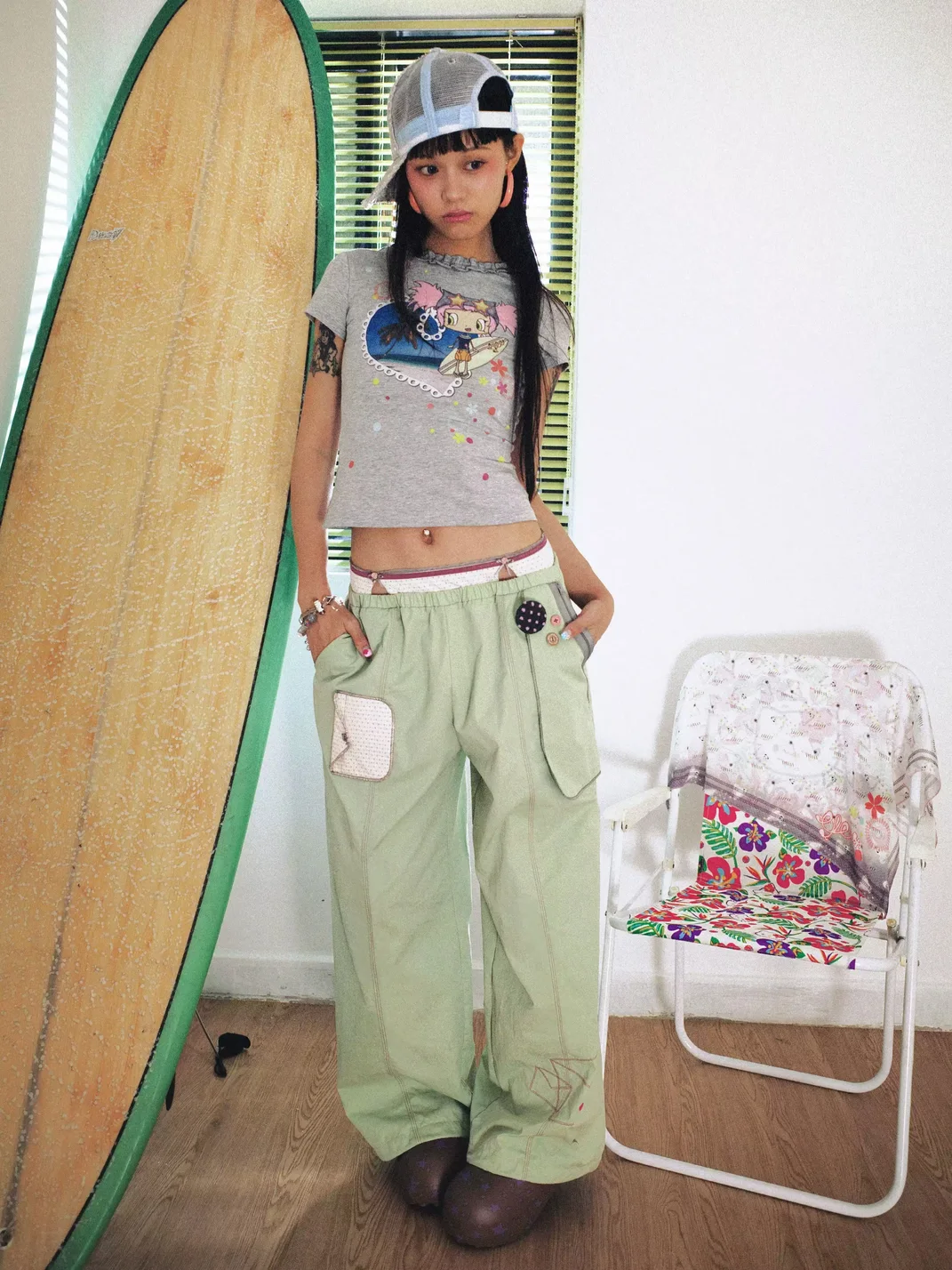 Eyeellike | Double Waist Embroidered Drawstring Wide Leg Pants