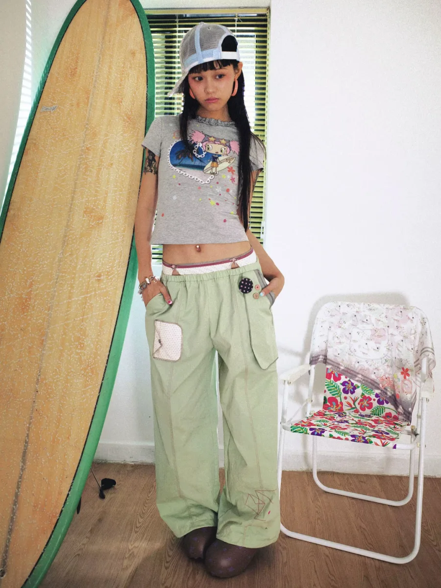 Eyeellike | Double Waist Embroidered Drawstring Wide Leg Pants - 2