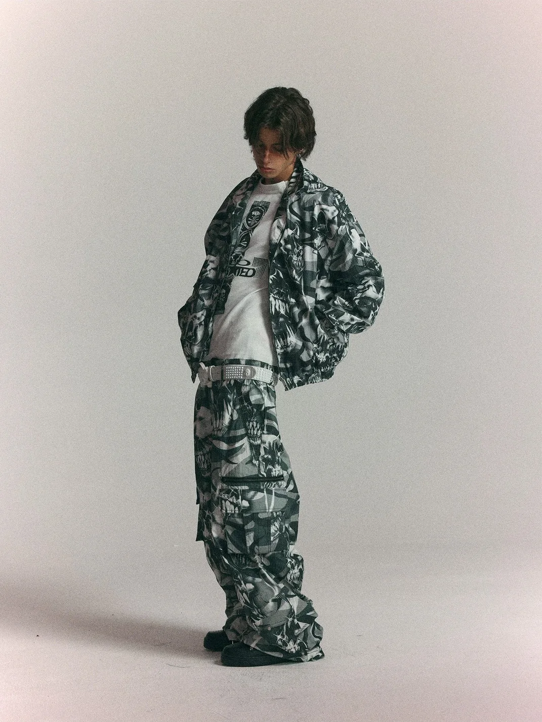 WASTED | Loose Cropped Skull Camouflage Racing Jacket