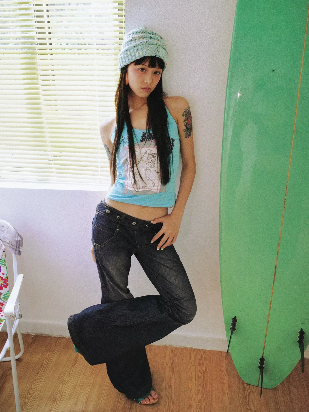 Eyeellike | Embroidered Lace-Trim Graphic Halter Tank Top