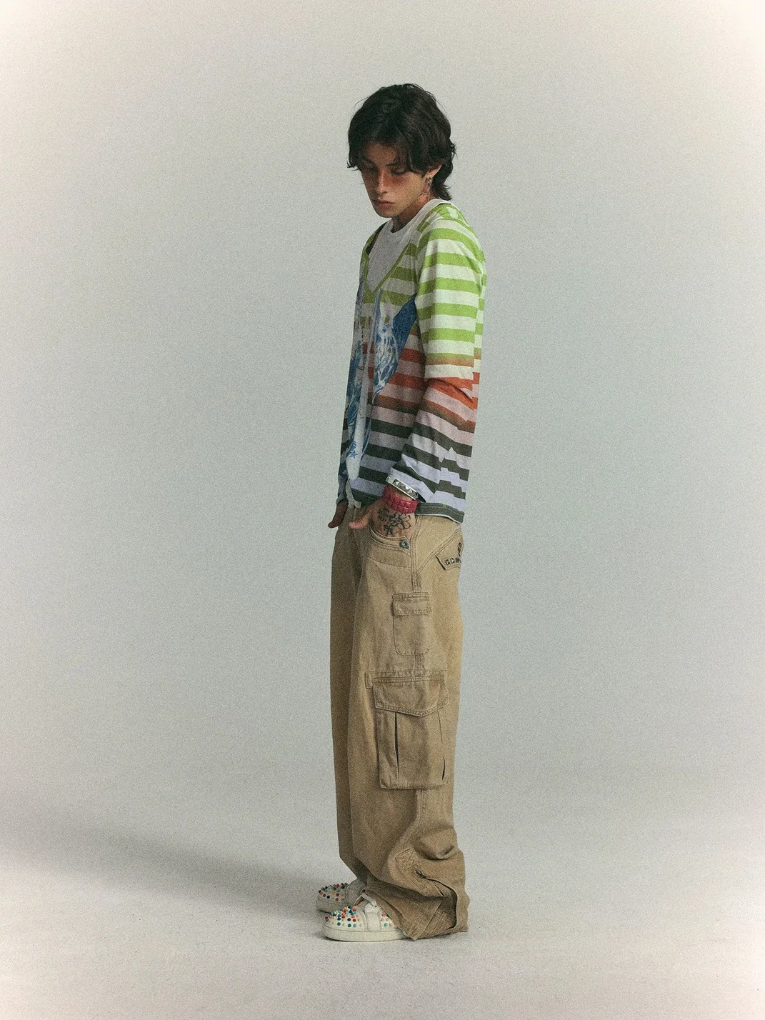 WASTED | Distressed Layered Gradient Striped Long Sleeve T-Shirt