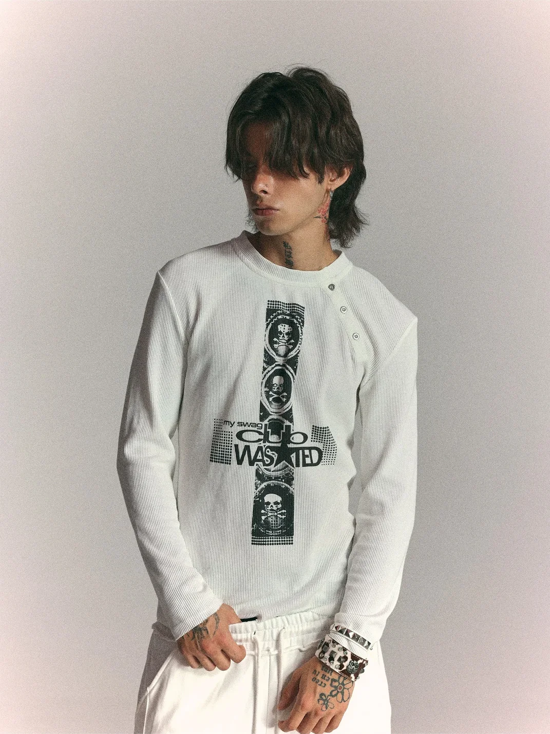 WASTED | Cross Skull Asymmetric Neck Slim Long Sleeve T-Shirt