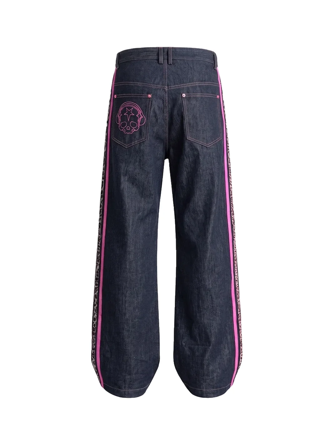 WASTED | Contrast Stripe Skull Embroidered Raw Denim Jeans