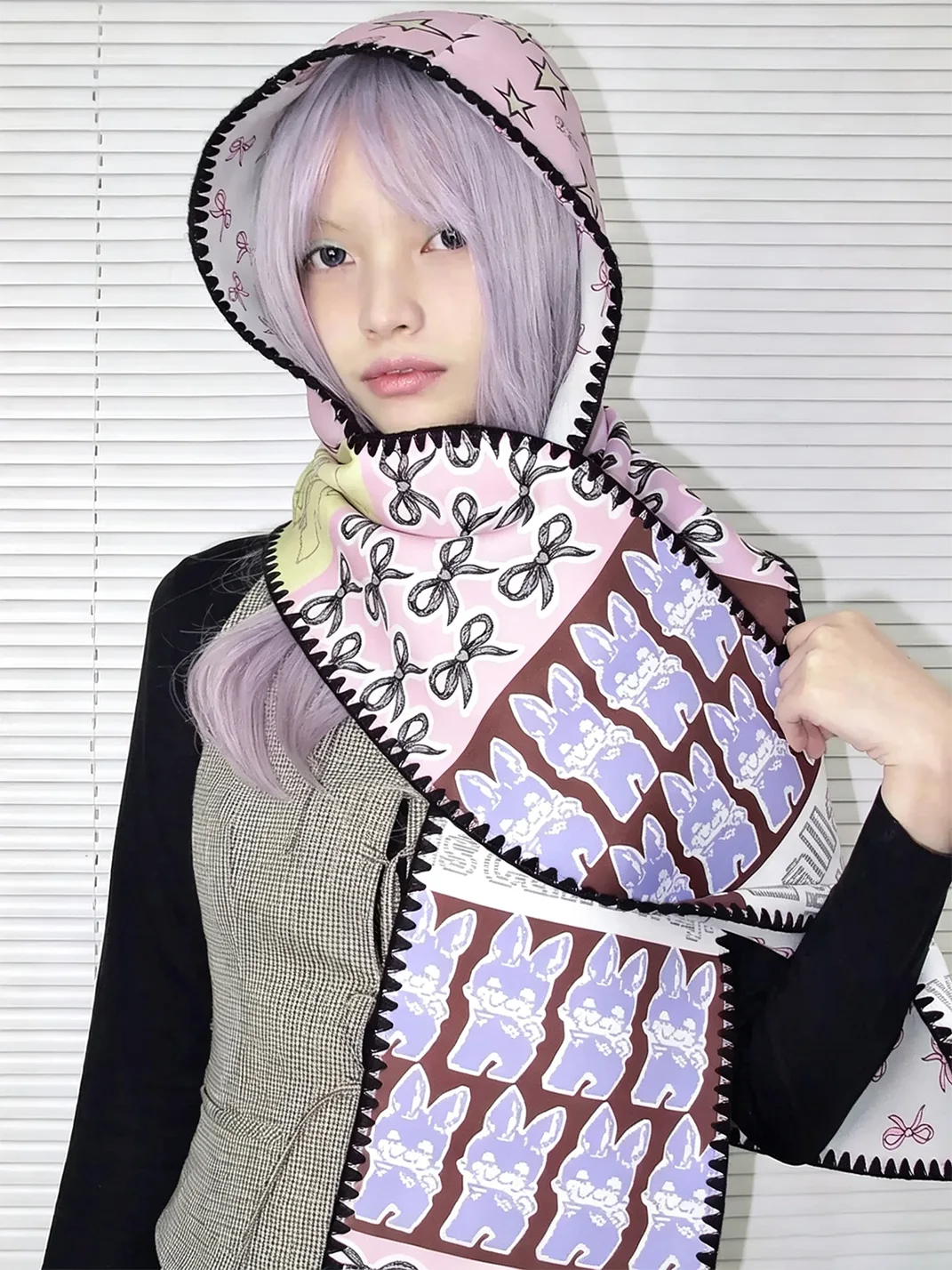 LIS CALLA | Reversible Printed Hooded Scarf With Zigzag Trim