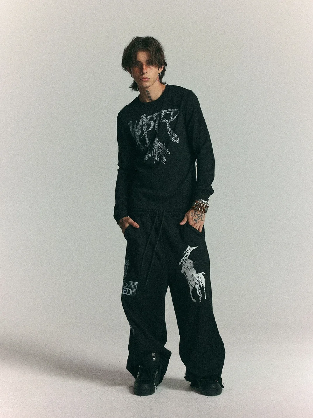 WASTED | Dropped Shoulder Cable Logo Long Sleeve T-Shirt
