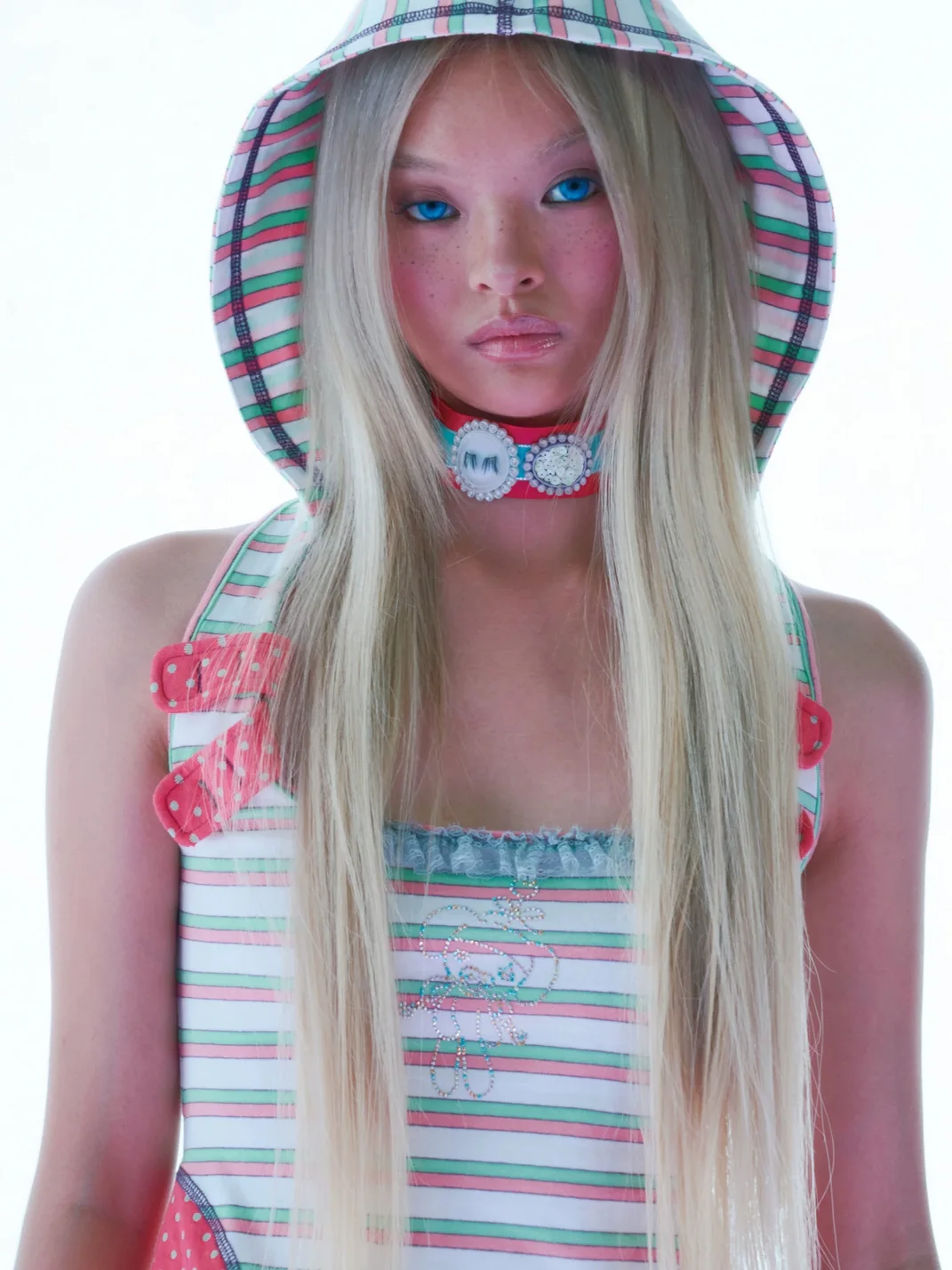 Eyeellike | Bear Rhinestone Striped Lace Backless Hooded Tank