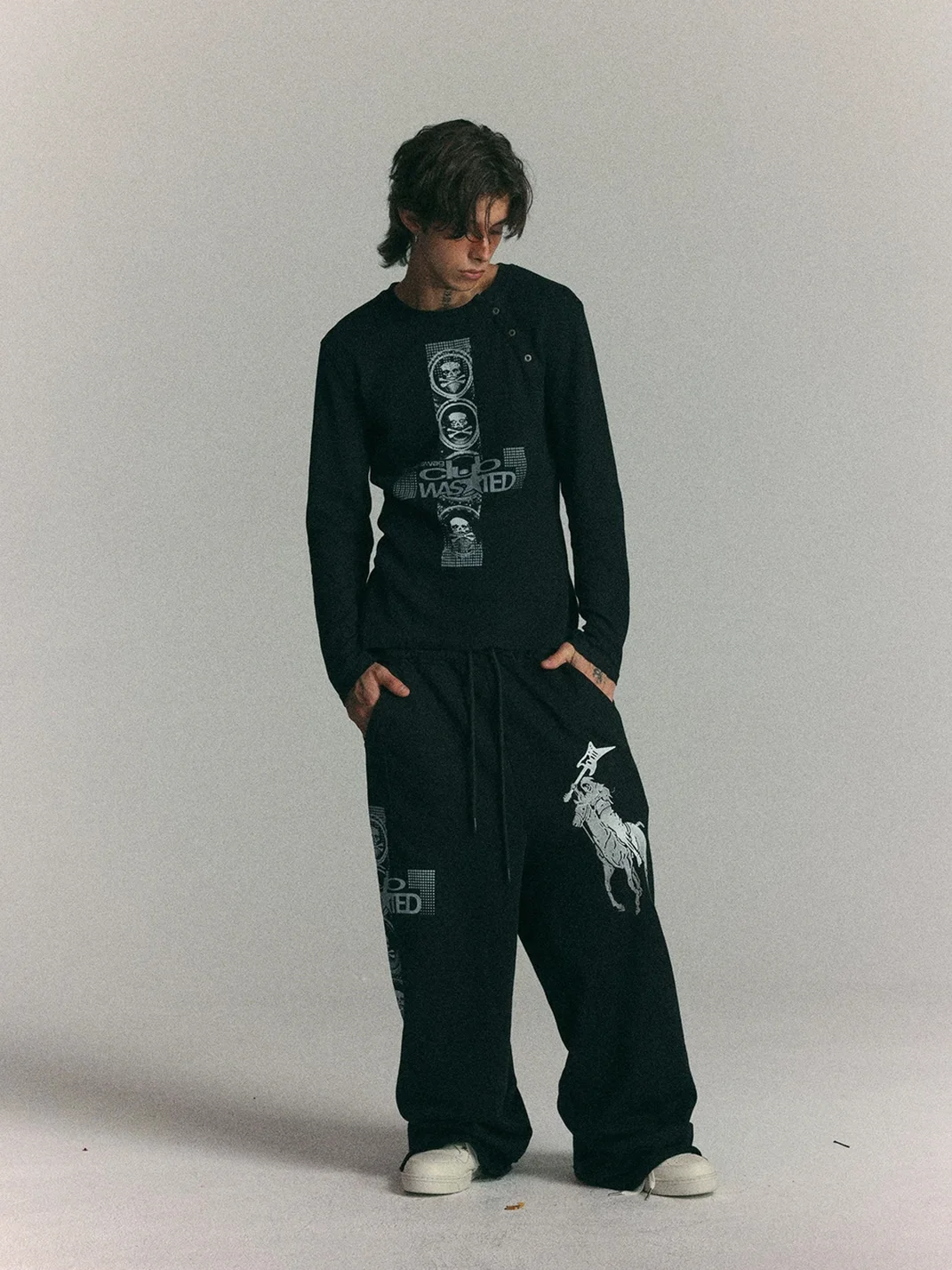 WASTED | Cross Skull Asymmetric Neck Slim Long Sleeve T-Shirt