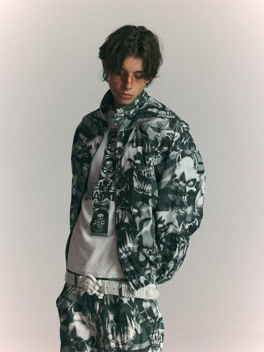 WASTED | Loose Cropped Skull Camouflage Racing Jacket - 4