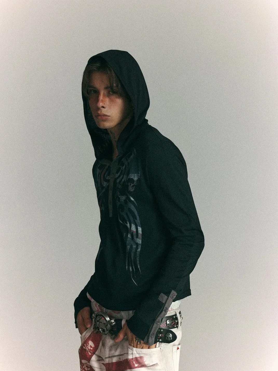 WASTED | Distressed Totem Print Slim Hooded Henley