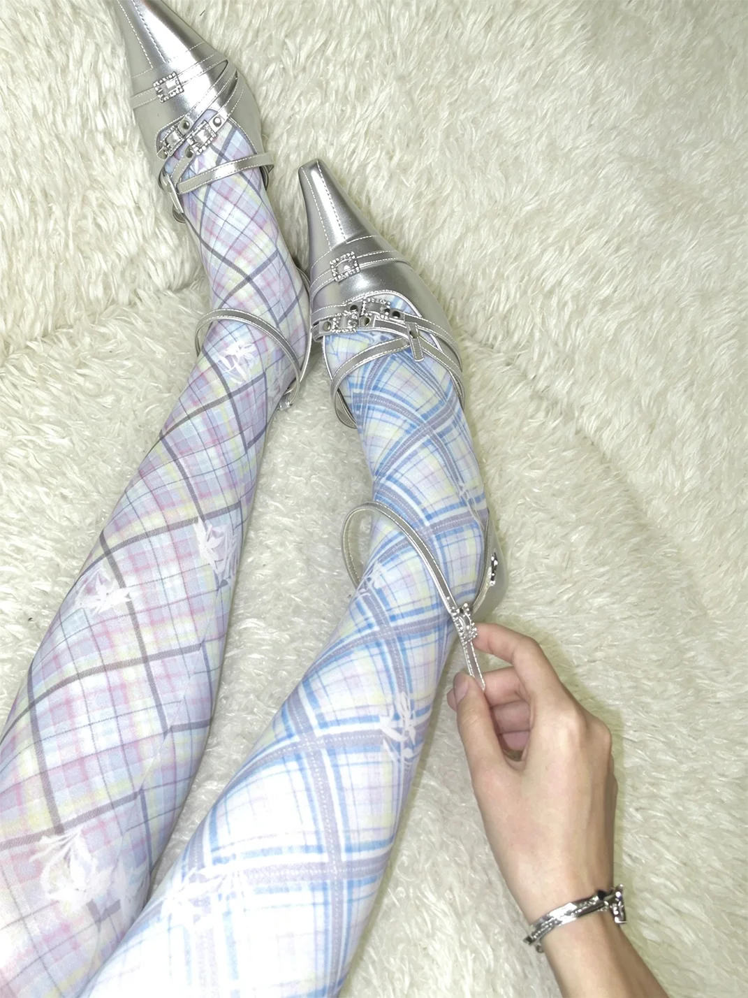 LIS CALLA | Asymmetric Plaid Floral Printed Tights