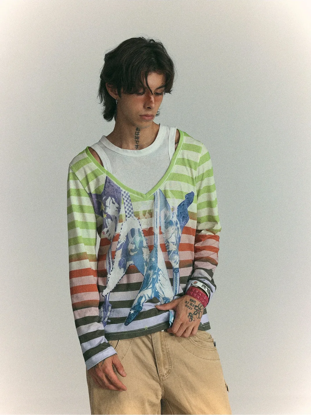 WASTED | Distressed Layered Gradient Striped Long Sleeve T-Shirt
