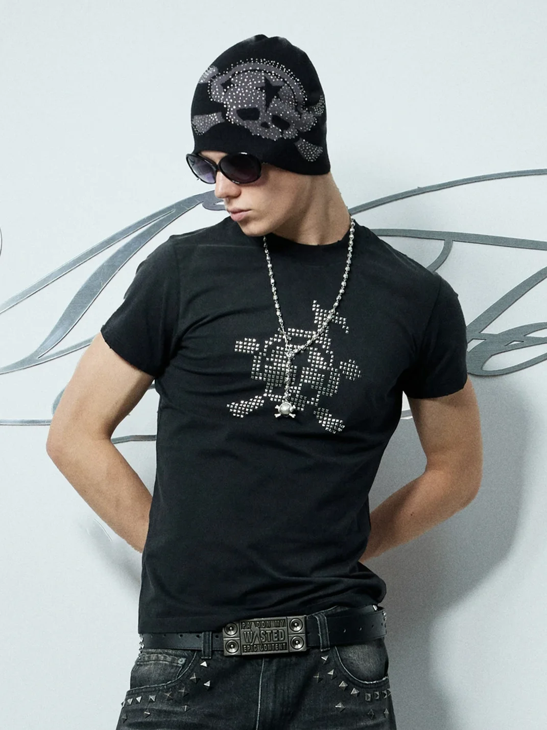WASTED | Rhinestone Skull Graffiti Jacquard Beanie