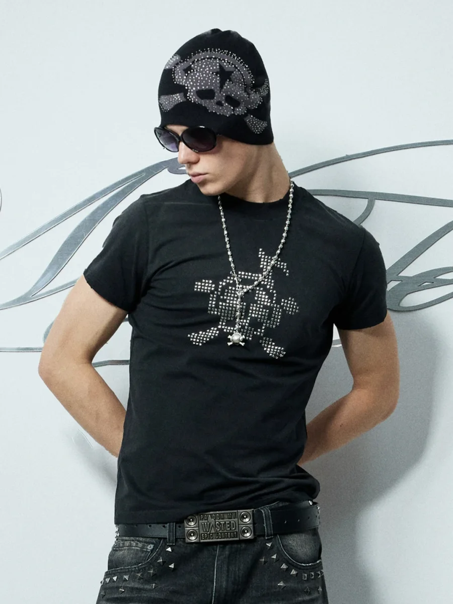 WASTED | Rhinestone Skull Graffiti Jacquard Beanie - 3