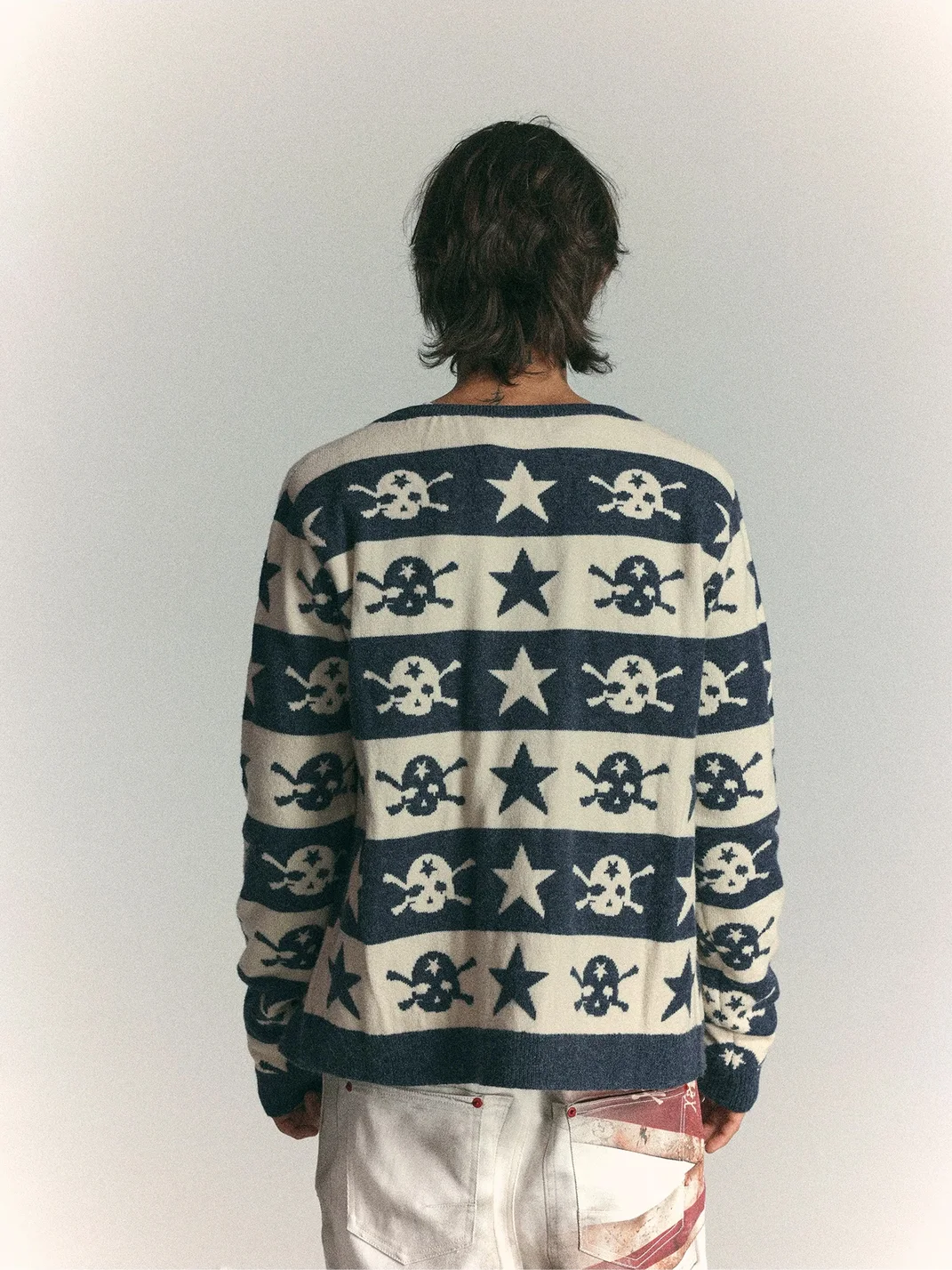 WASTED | Skull Star Striped Drop-Shoulder Cropped Cardigan