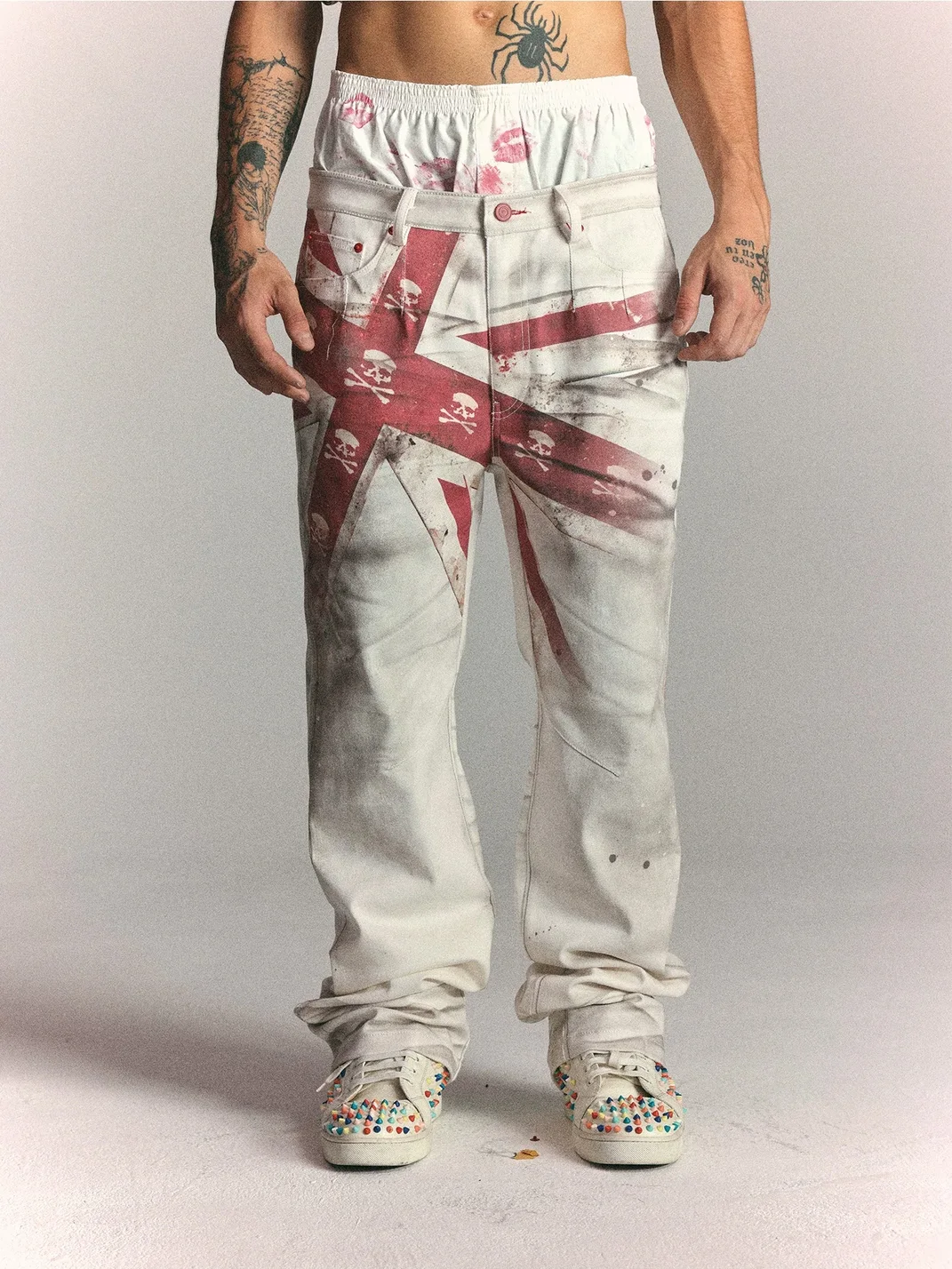 WASTED | Distressed Skull Flag Print Straight Leg Jeans