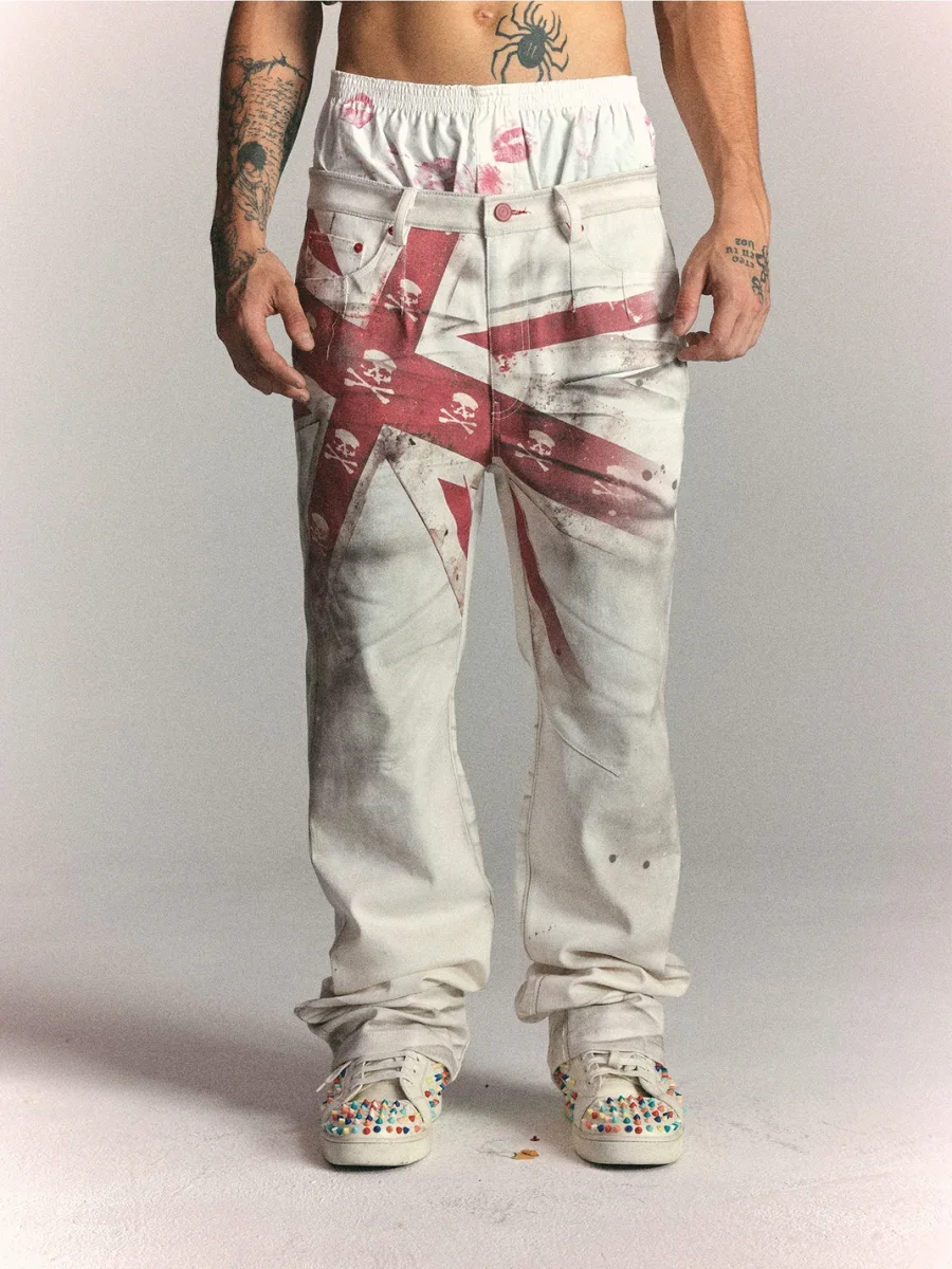 WASTED | Distressed Skull Flag Print Straight Leg Jeans - 2