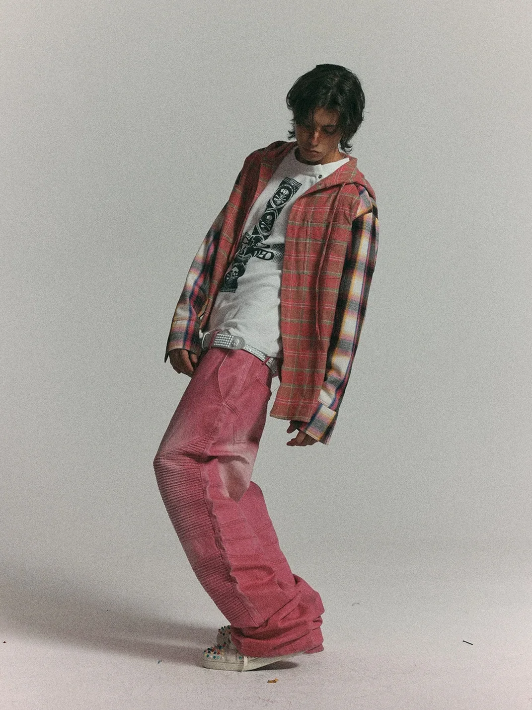 WASTED | Star Graphic Colorblock Plaid Hooded Shirt