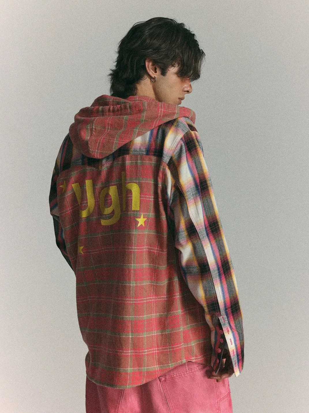 WASTED | Star Graphic Colorblock Plaid Hooded Shirt