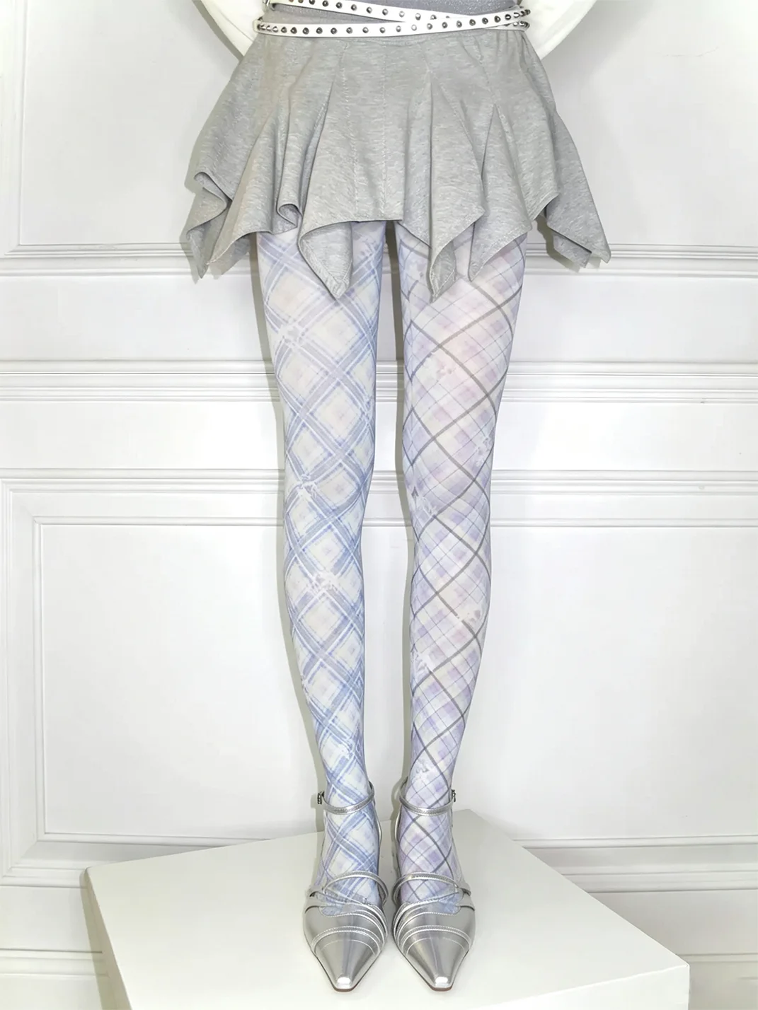 LIS CALLA | Asymmetric Plaid Floral Printed Tights