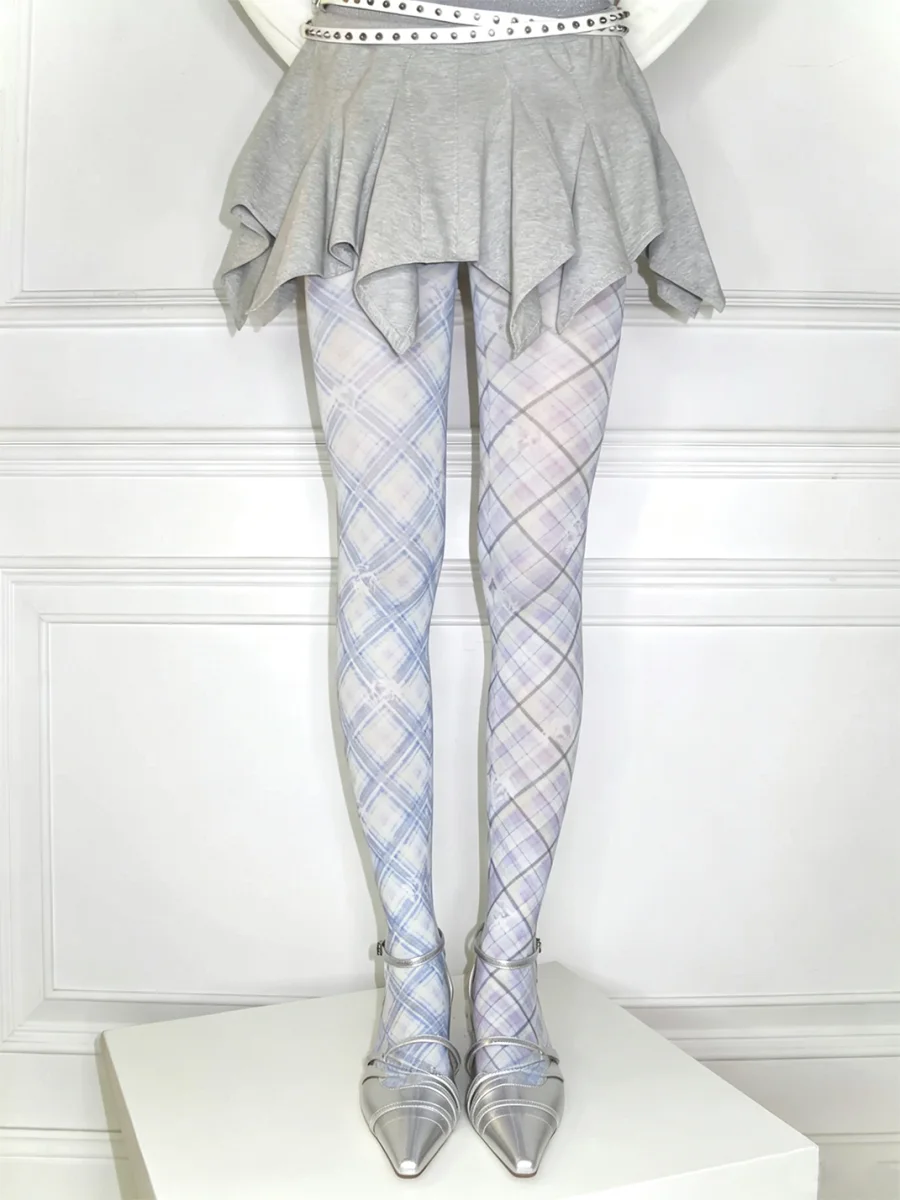 LIS CALLA | Asymmetric Plaid Floral Printed Tights - 2