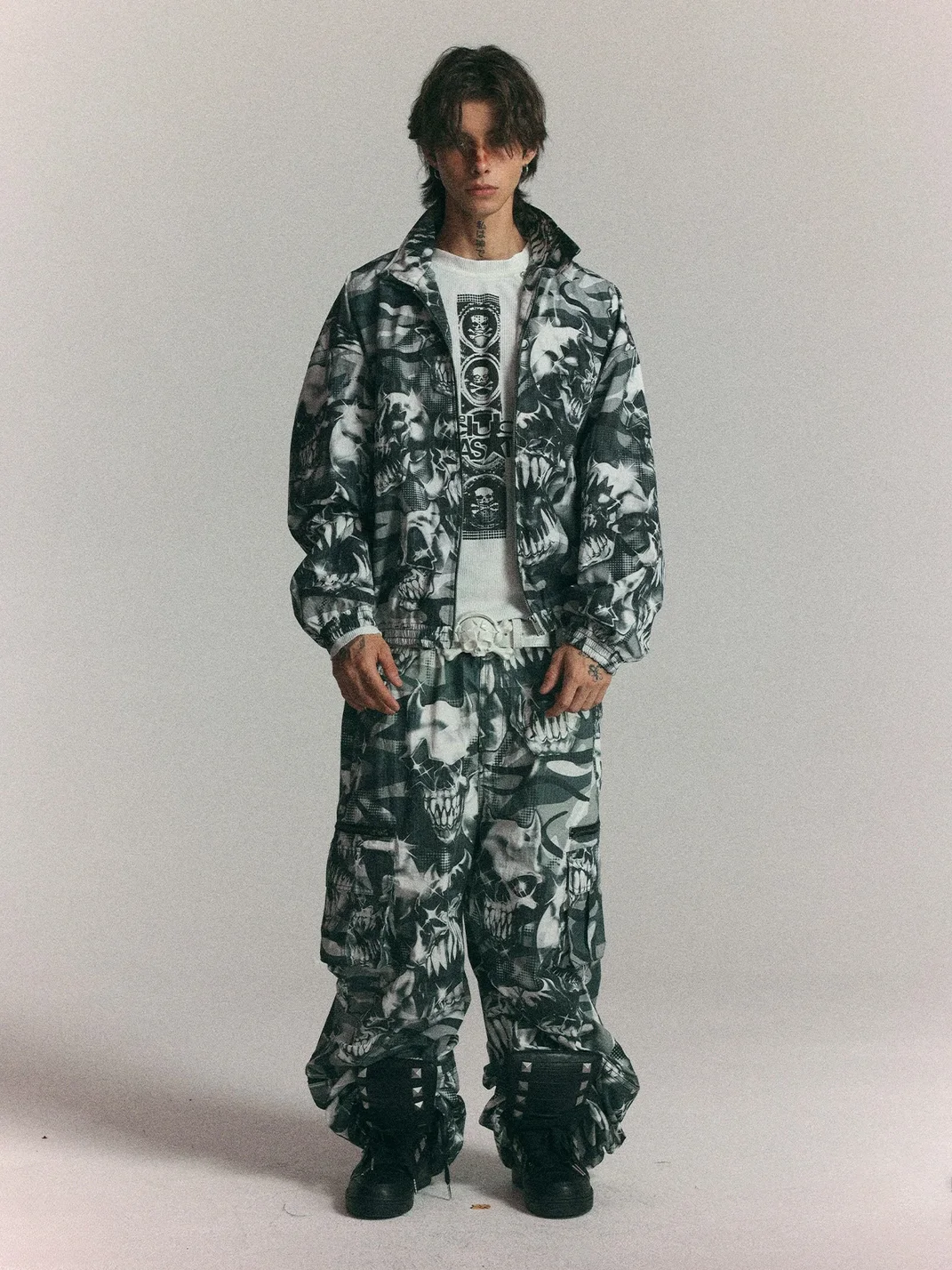 WASTED | Loose Cropped Skull Camouflage Racing Jacket