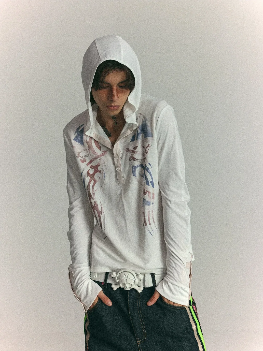 WASTED | Distressed Totem Print Slim Hooded Henley
