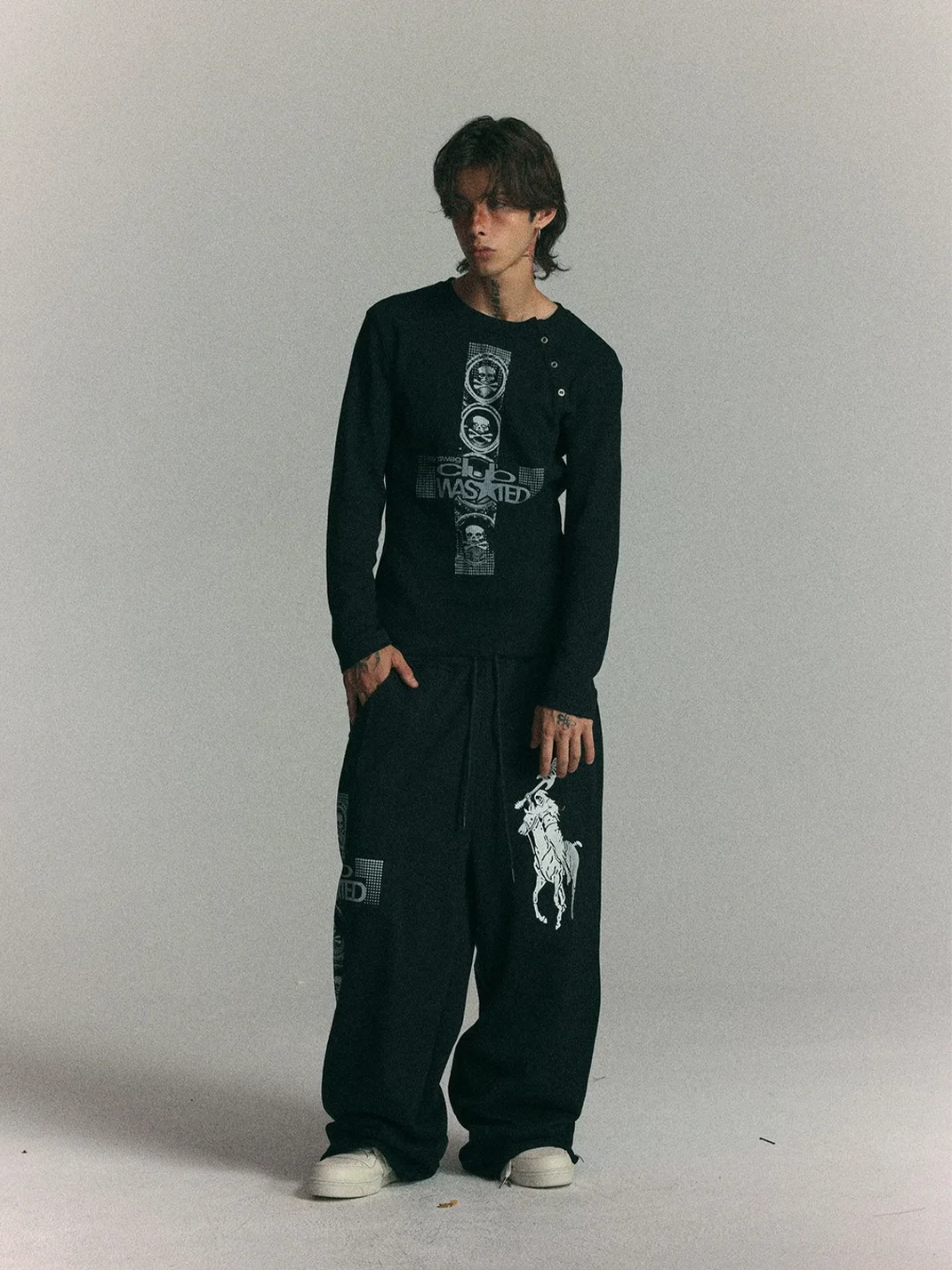 WASTED | Cross Skull Asymmetric Neck Slim Long Sleeve T-Shirt