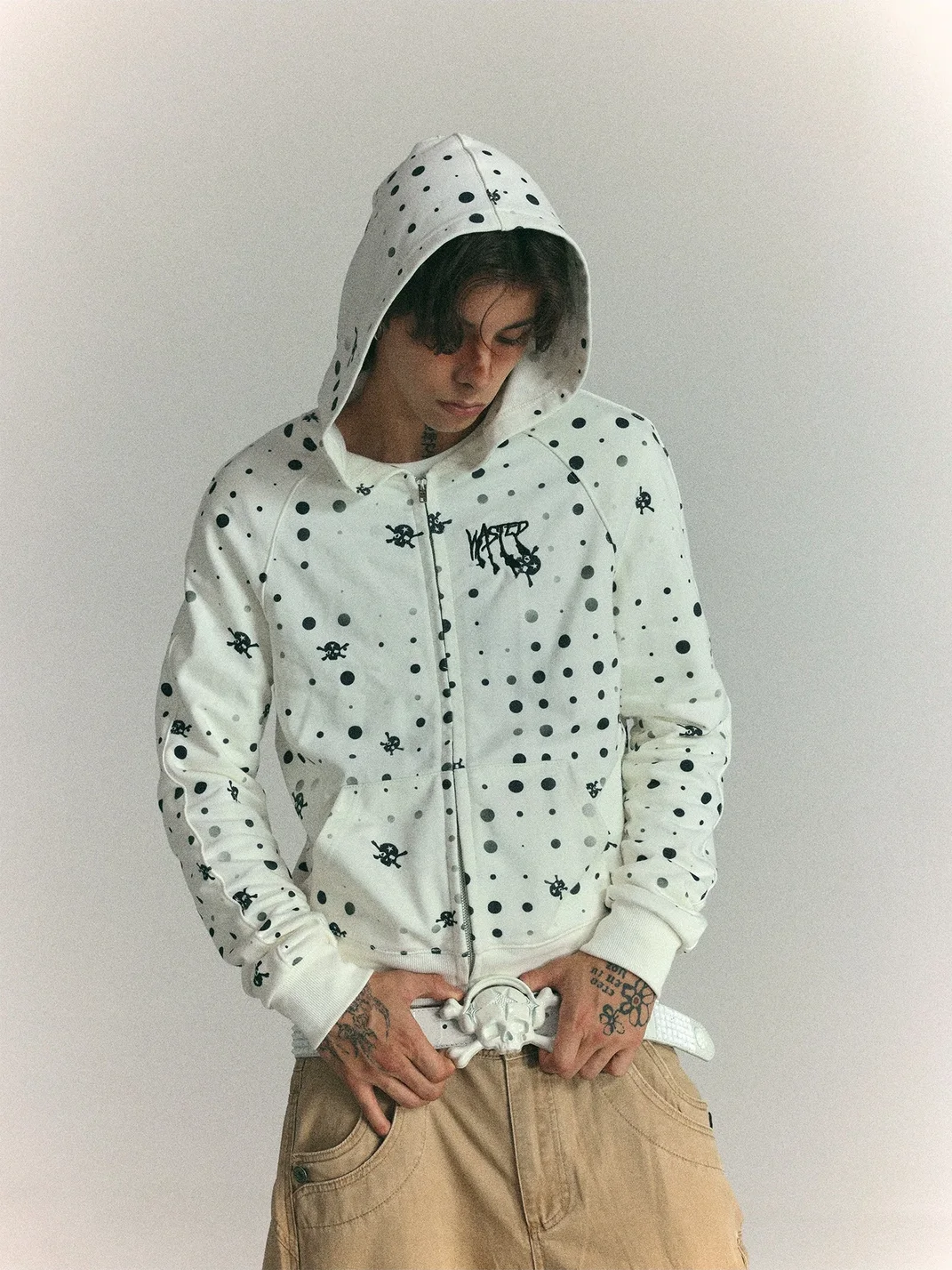 WASTED | Cropped Raglan Polka Dot Skull Zip Hoodie