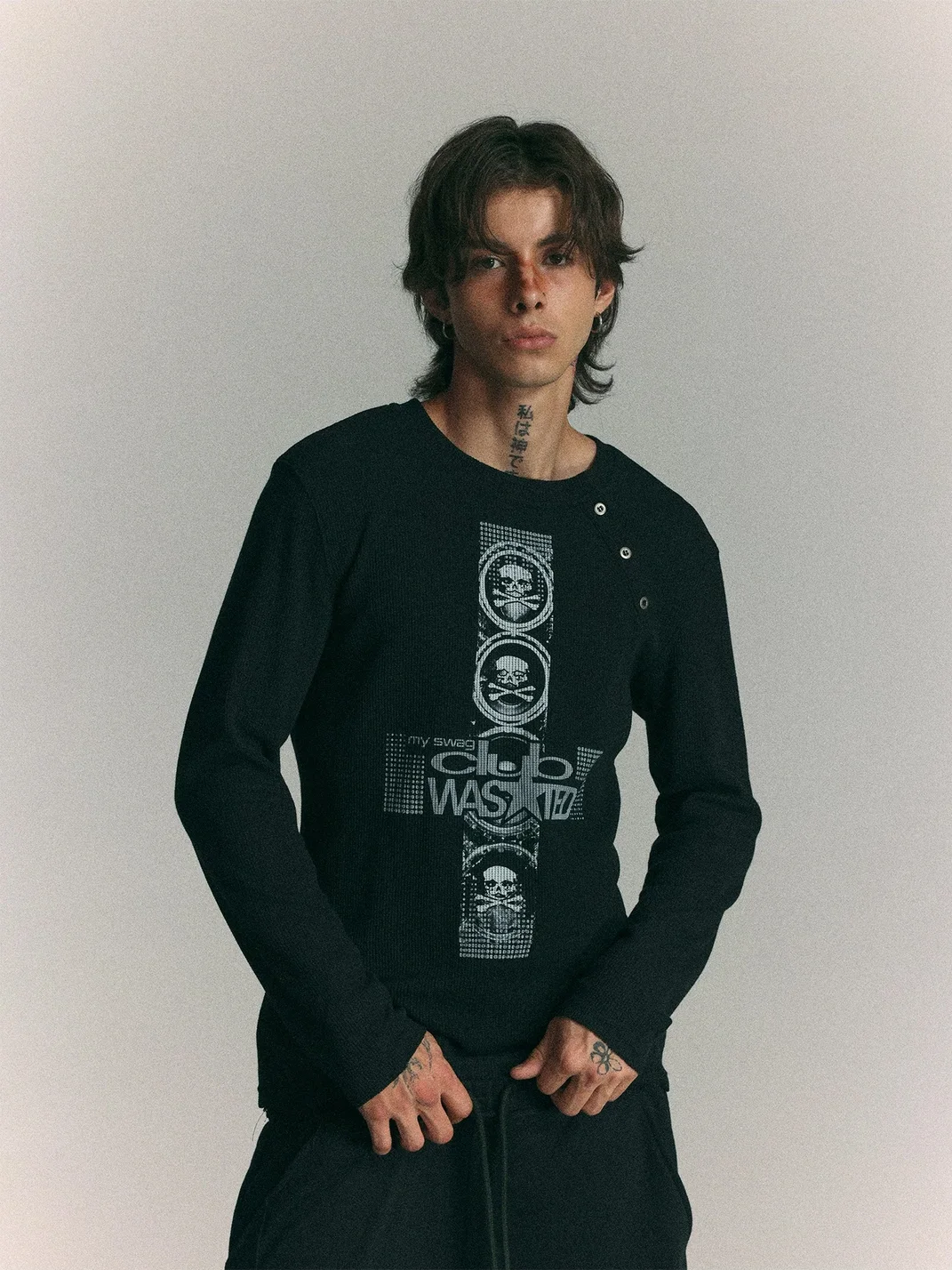 WASTED | Cross Skull Asymmetric Neck Slim Long Sleeve T-Shirt