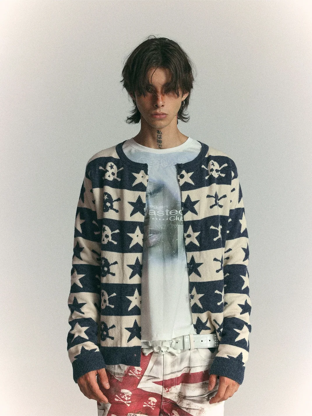 WASTED | Skull Star Striped Drop-Shoulder Cropped Cardigan