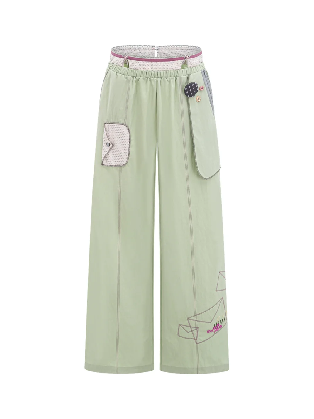 Eyeellike | Double Waist Embroidered Drawstring Wide Leg Pants